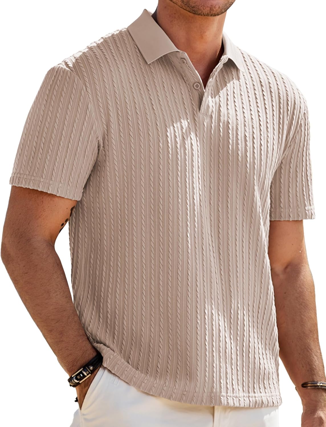 Mens Casual Polo Shirt Summer Short Sleeve Vacation Button Beach Knit Stretchy Golf Shirts