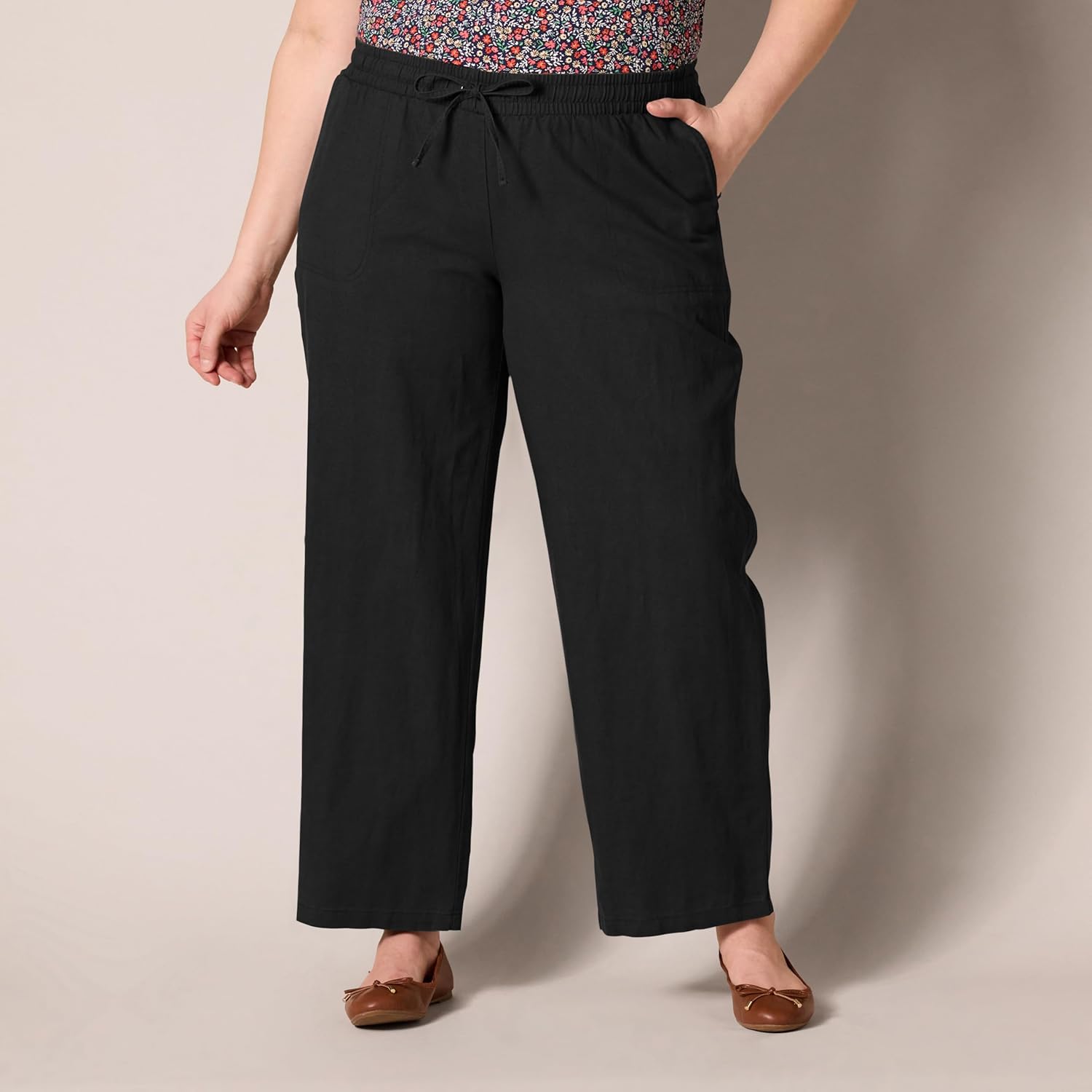 Women's Linen Blend Drawstring Relaxed Fit Wide Leg Pant (Available in Plus Size)