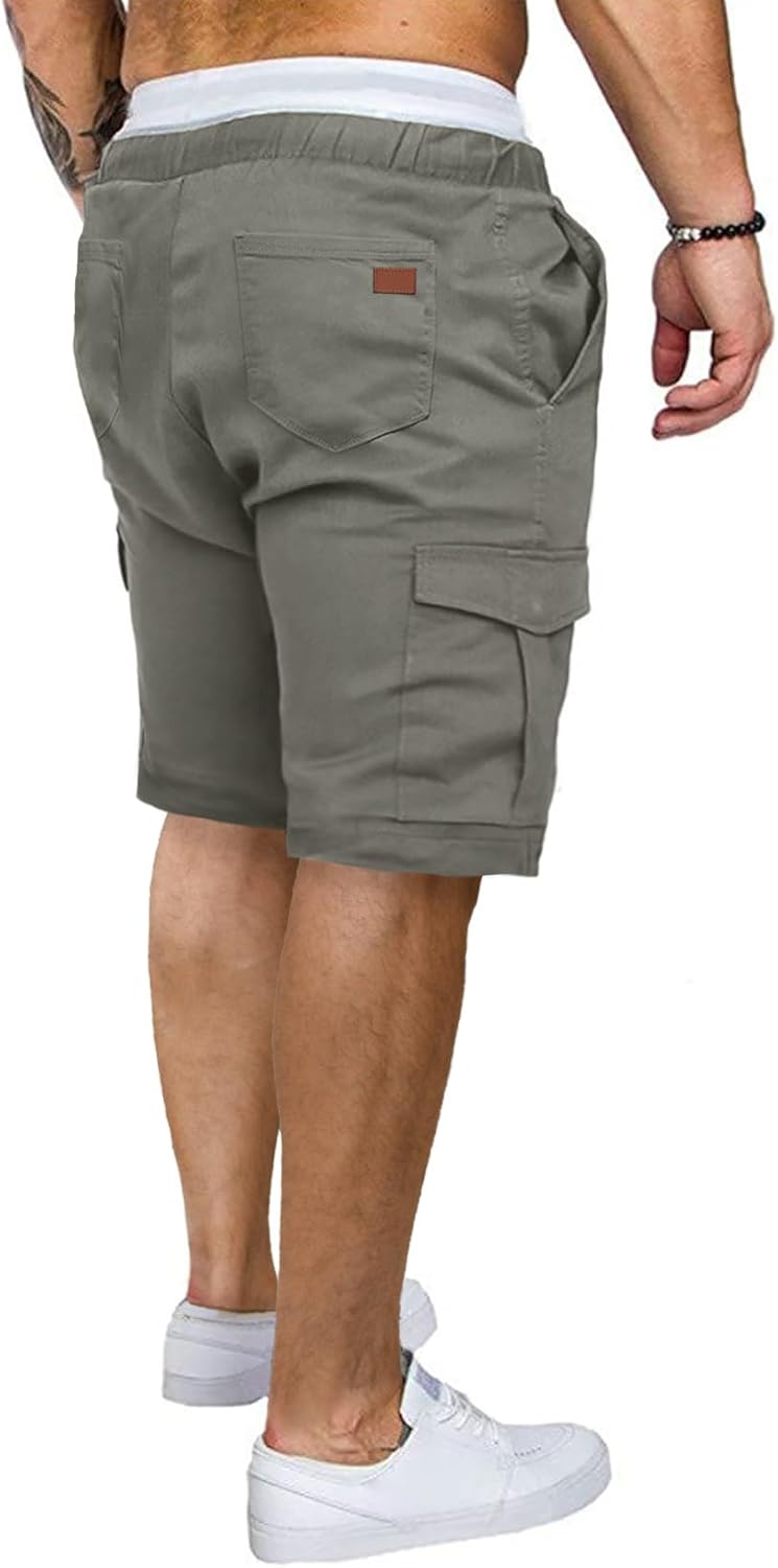 Mens Casual Cargo Shorts - Cotton Drawstring Stretch Summer Beach Shorts Twill Chino Short with 6 Pockets