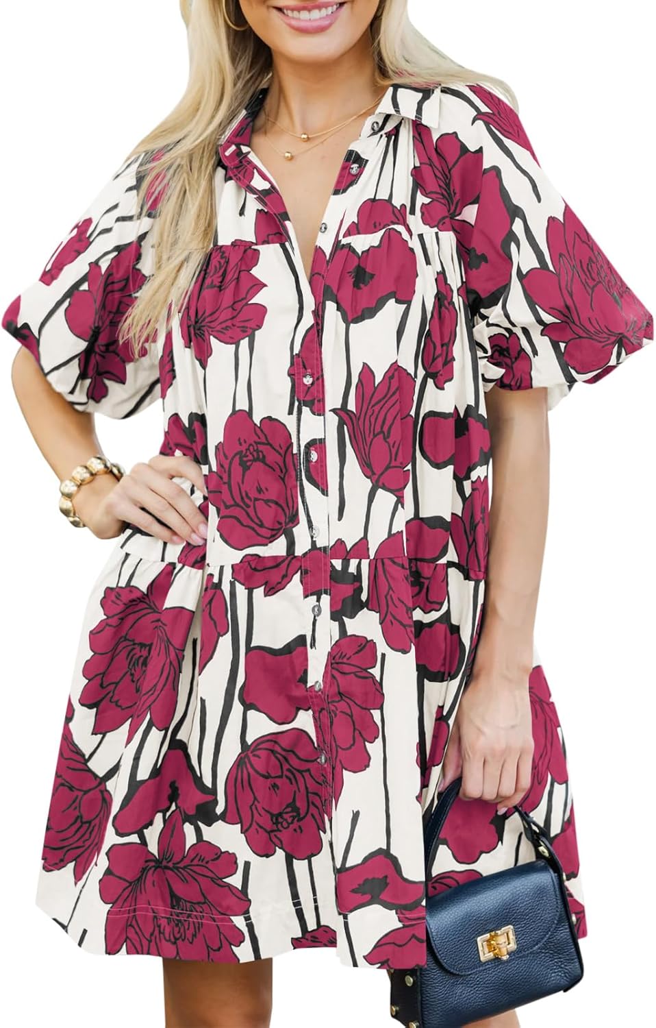 Women's Summer Button Down Shirt Dress Floral Puff Short Sleeve Casual Loose Fit Beach Mini Dresses