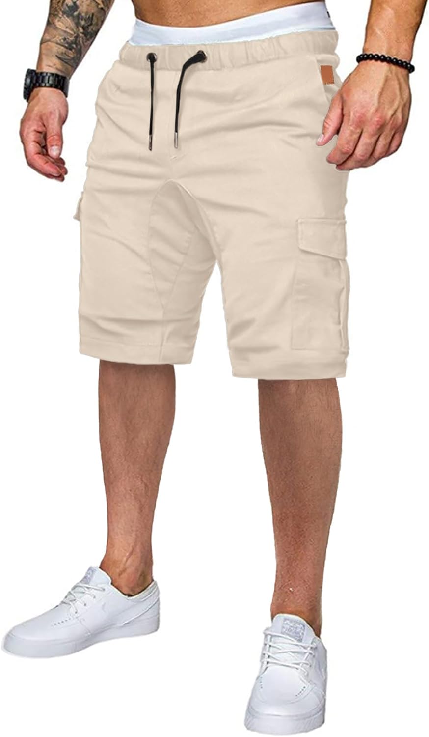 Mens Casual Cargo Shorts - Cotton Drawstring Stretch Summer Beach Shorts Twill Chino Short with 6 Pockets