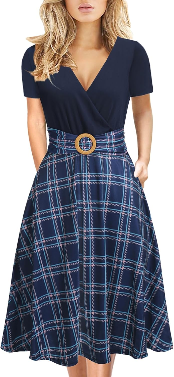Women's Elegant Criss-Cross V Neck Vintage Short Sleeve Work Casual Fit and Flare Tea Dress with Pockets
