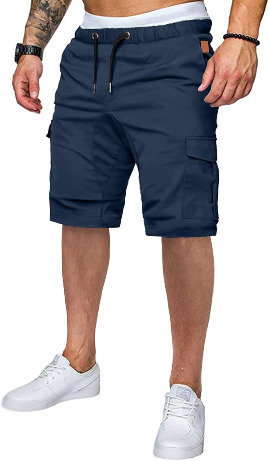 Mens Casual Cargo Shorts - Cotton Drawstring Stretch Summer Beach Shorts Twill Chino Short with 6 Pockets