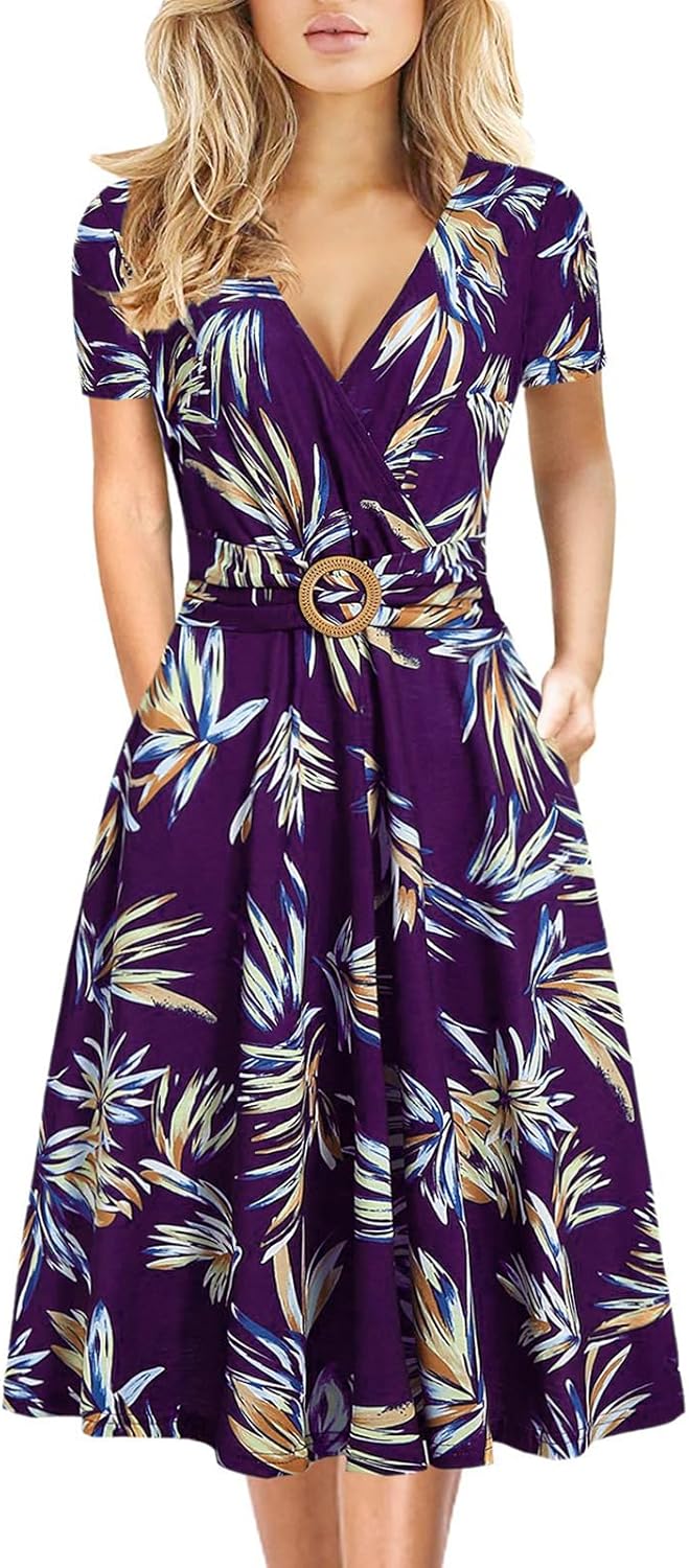 Women's Elegant Criss-Cross V Neck Vintage Short Sleeve Work Casual Fit and Flare Tea Dress with Pockets