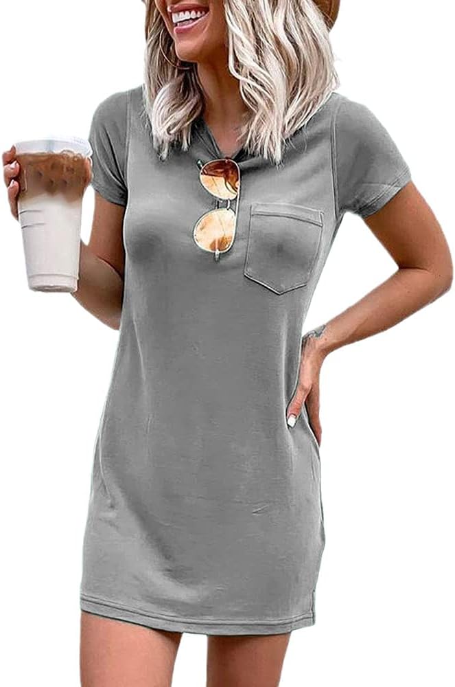 Women T Shirt Dress Summer Fashion Mini Dress Crew Neck Short Sleeve Dress Solid Color Casual Dress with Pocket