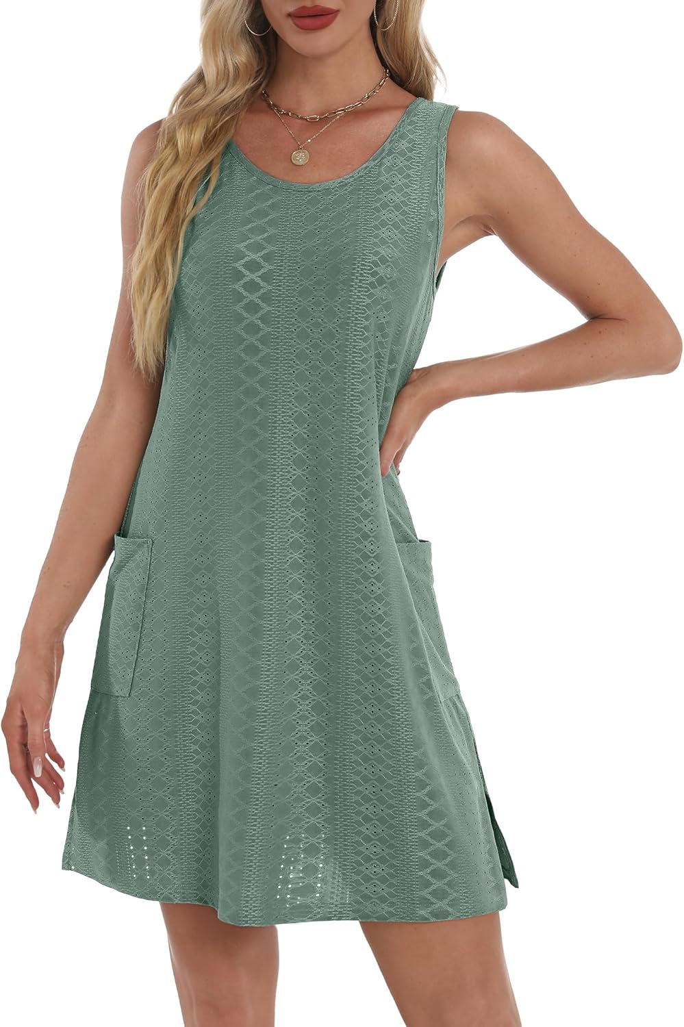 Summer Dresses for Women 2025 Eyelet Casual Loose Sleeveless Sundresses Tank Dresses with Pockets