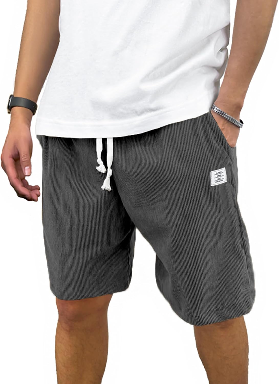 Mens Corduroy Shorts Casual 7 Inch Inseam Elastic Waist Drawstring Summer Beach Short