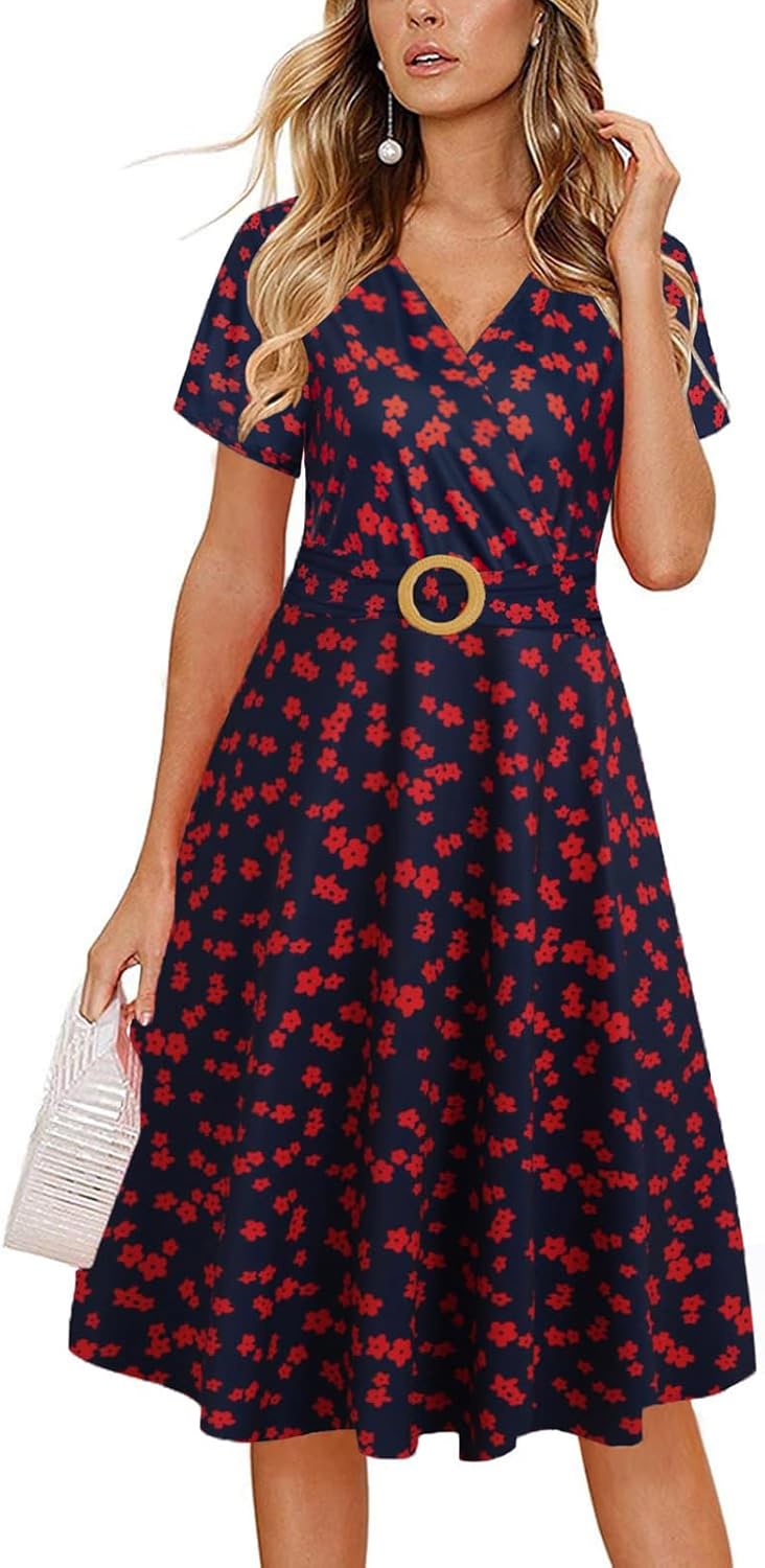 Women's Elegant Criss-Cross V Neck Vintage Short Sleeve Work Casual Fit and Flare Tea Dress with Pockets