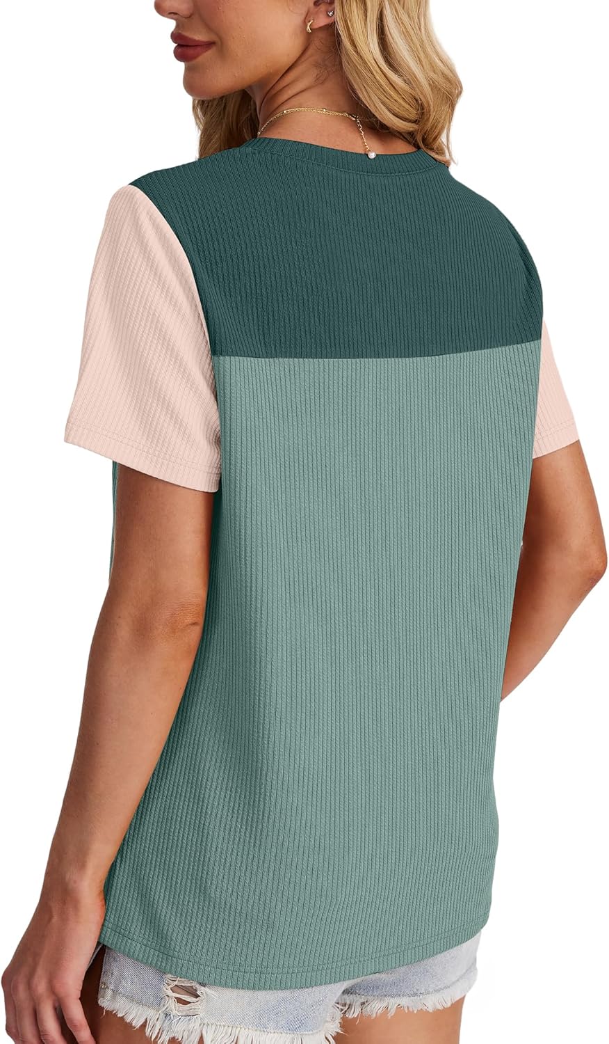 Womens Fashion 2025 Color Block Shirts Short Sleeve Crewneck Knitted Spring Summer Tops Casual Trendy