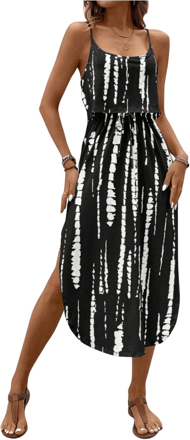 Women's Spaghetti Strap Tie Dye Cami Dress Scoop Neck Split Thigh Midi Dresses Knot Front Sun Dresses