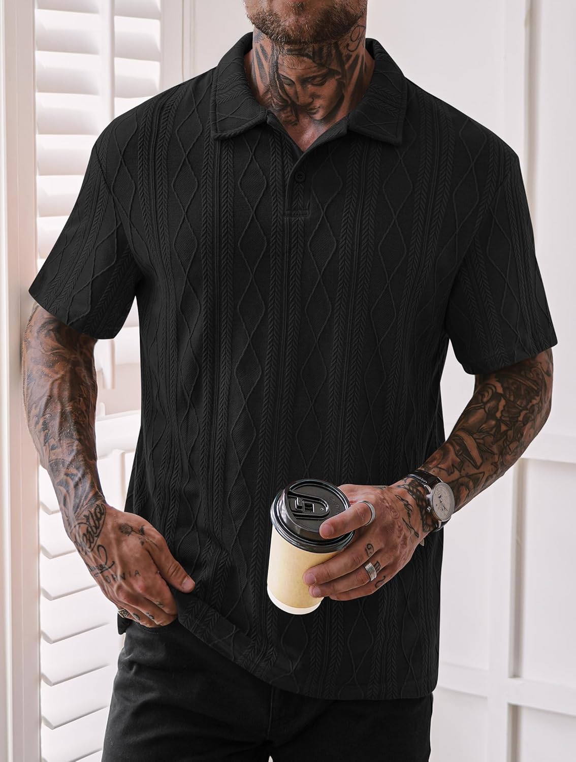 Mens Textured Knit Polo Shirts Loose Fit Stretch Casual Summer Collared Shirt (S-XXL)