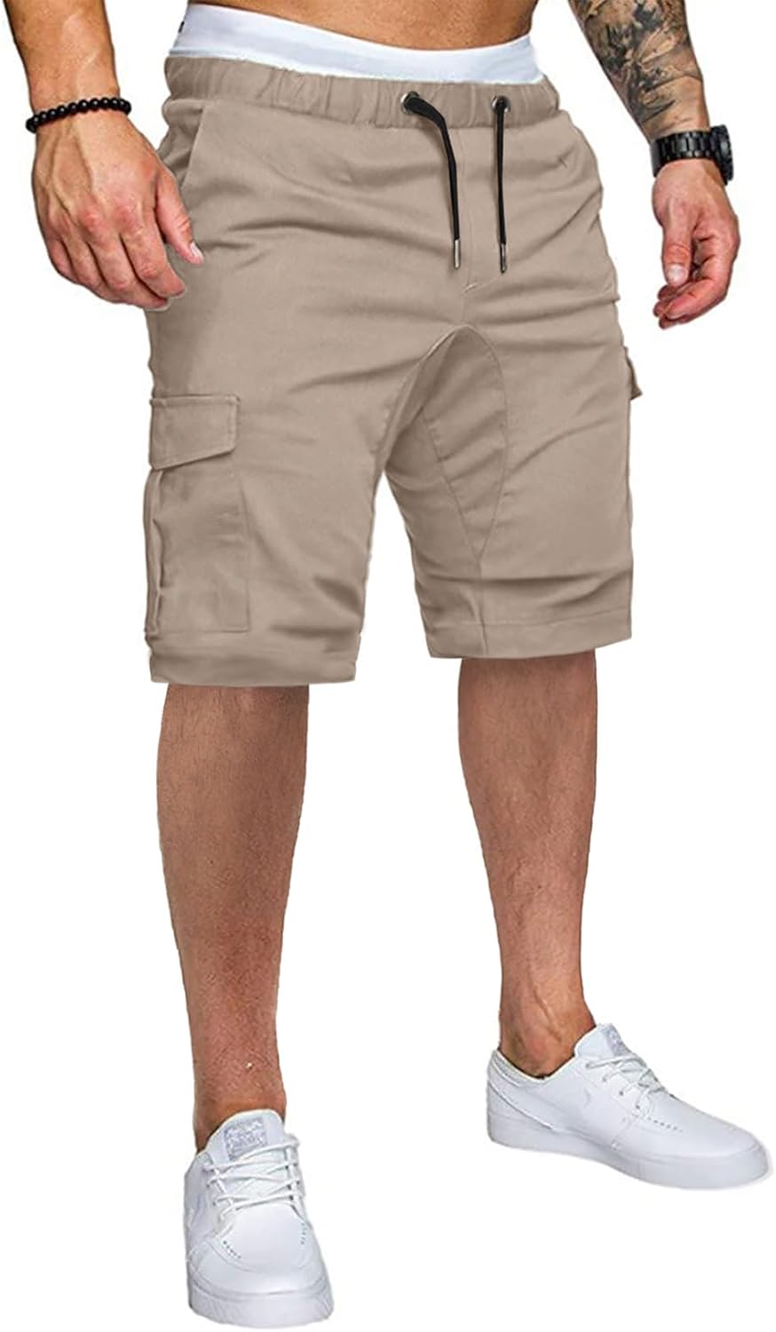 Mens Casual Cargo Shorts - Cotton Drawstring Stretch Summer Beach Shorts Twill Chino Short with 6 Pockets