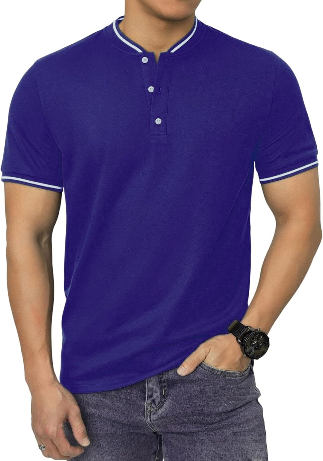 Men's Polo Shirts Casual Short Sleeve Cotton Pique Polo T Shirts Classic Collarless Golf Shirts for Men