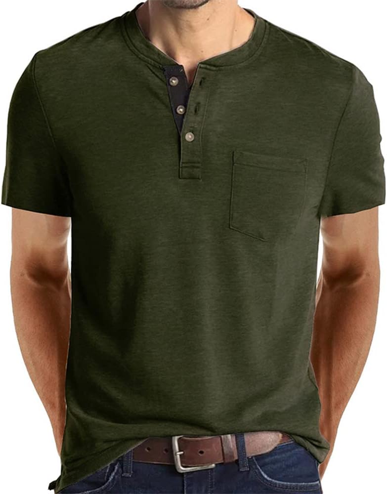 Mens Casual Short Sleeve Henley Shirts Fashion Button T Shirts with Pocket