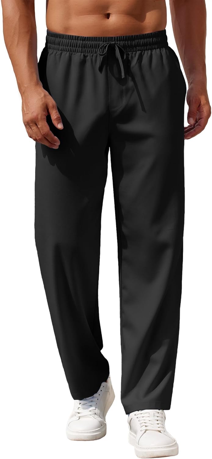 Mens Casual Pants Drawstring Elastic Waist Pants Linen Summer Beach Pants