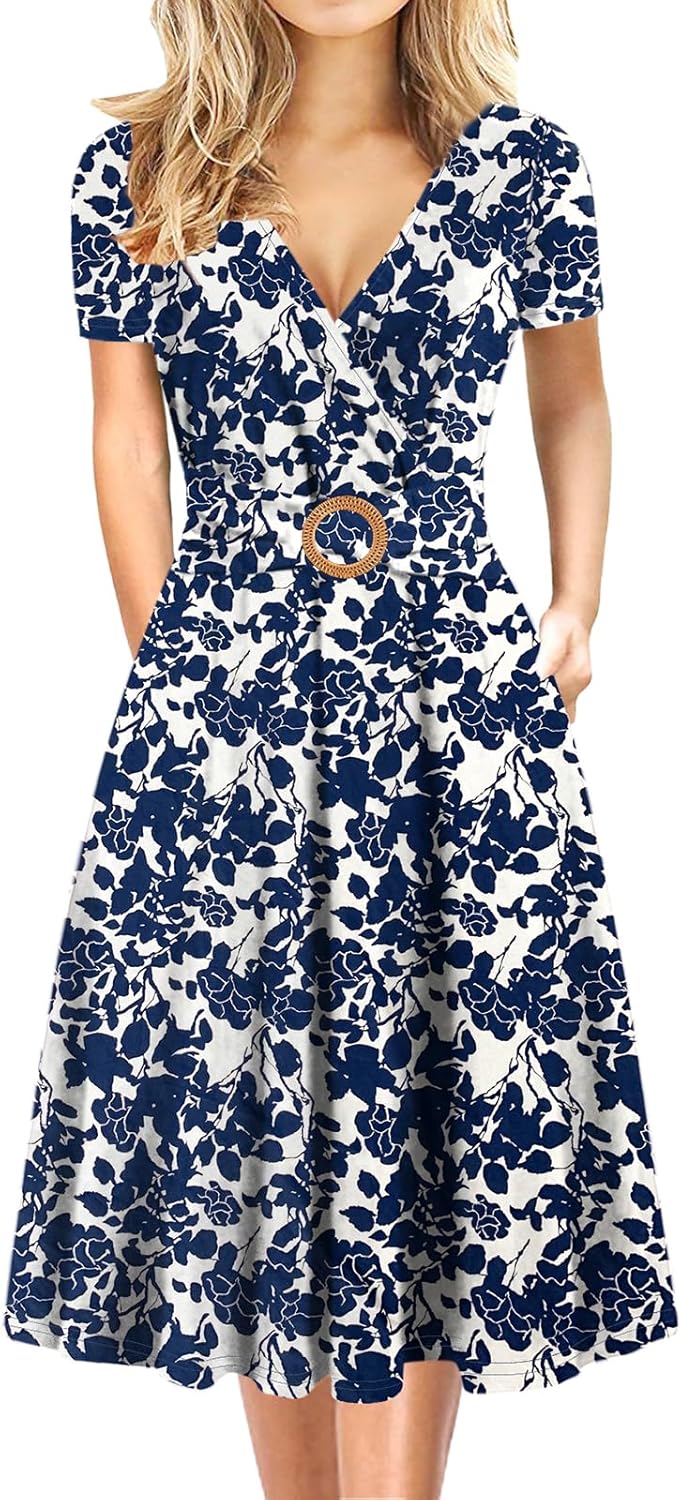 Women's Elegant Criss-Cross V Neck Vintage Short Sleeve Work Casual Fit and Flare Tea Dress with Pockets